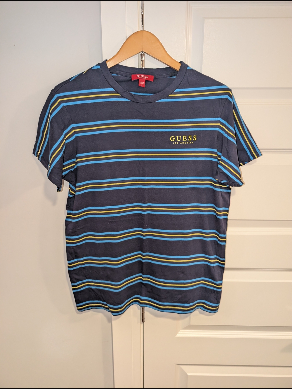 GUESS Navy Blue Striped Logo Men's T-Shirt